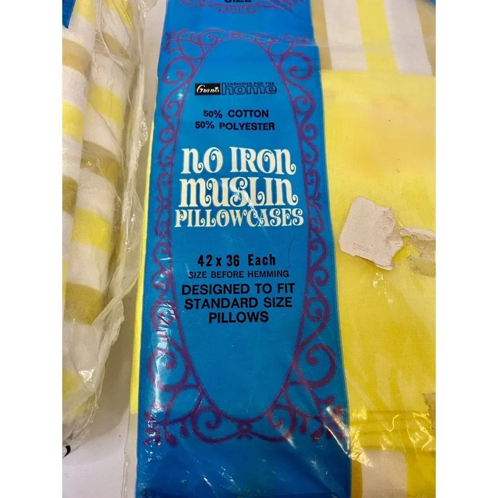 Grants No Iron Muslin Yellow Striped‎ Double Fitted Sheet & Standard Pillowcases